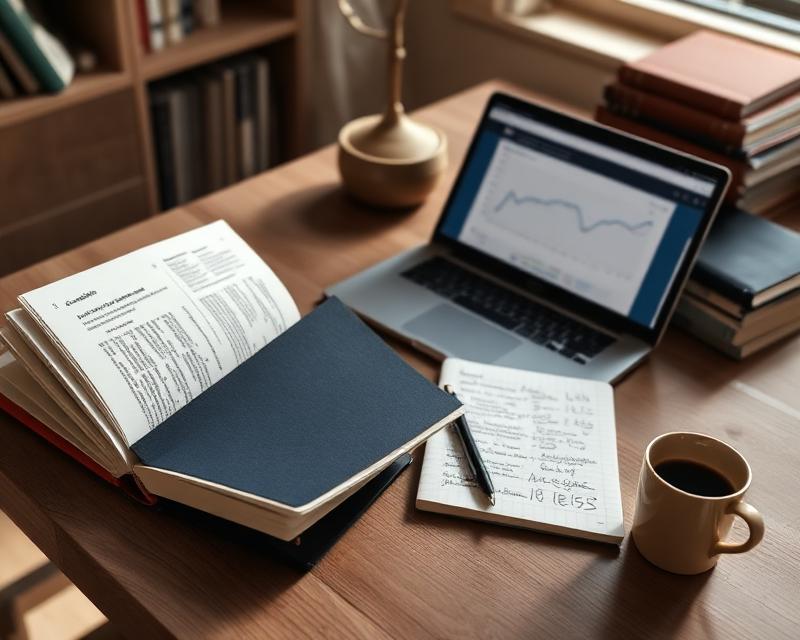 Open textbook, laptop with spreadsheet and notes on a study desk