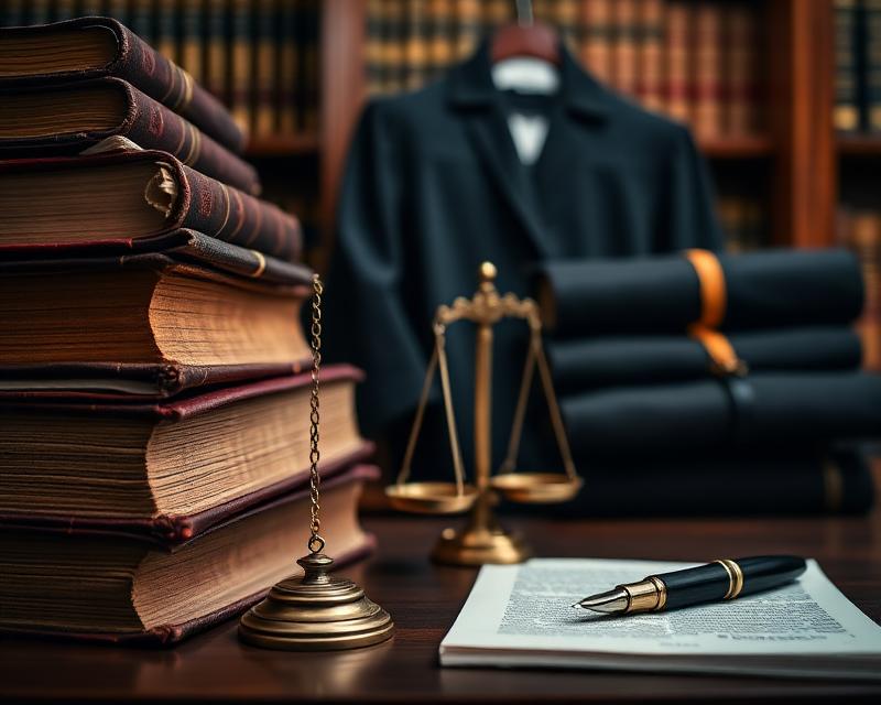 Stack of law books, brass scale of justice and advocate's robes