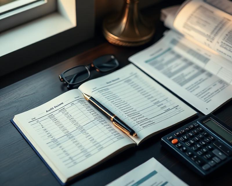 Audit ledger, fountain pen and calculator on a Chartered Accountant's desk