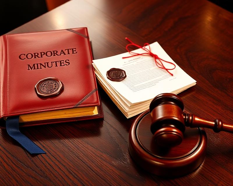 Corporate minutes book, wax seal and gavel on a boardroom table