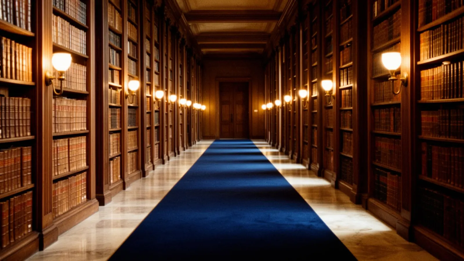 Long library corridor lined with bookshelves
