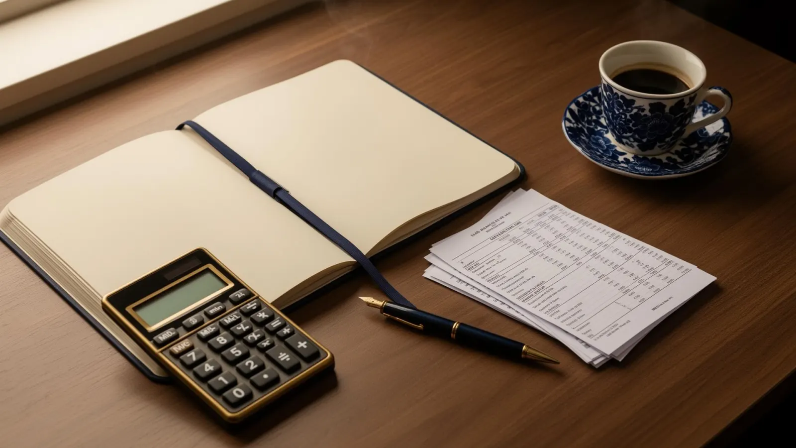 Desk with calculator, notebook and financial documents